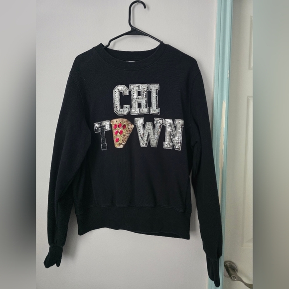 PINK Black Sequin Chi Town Chicago DeepDish Pizza Sweatshirt size S/P - Picture 1 of 13